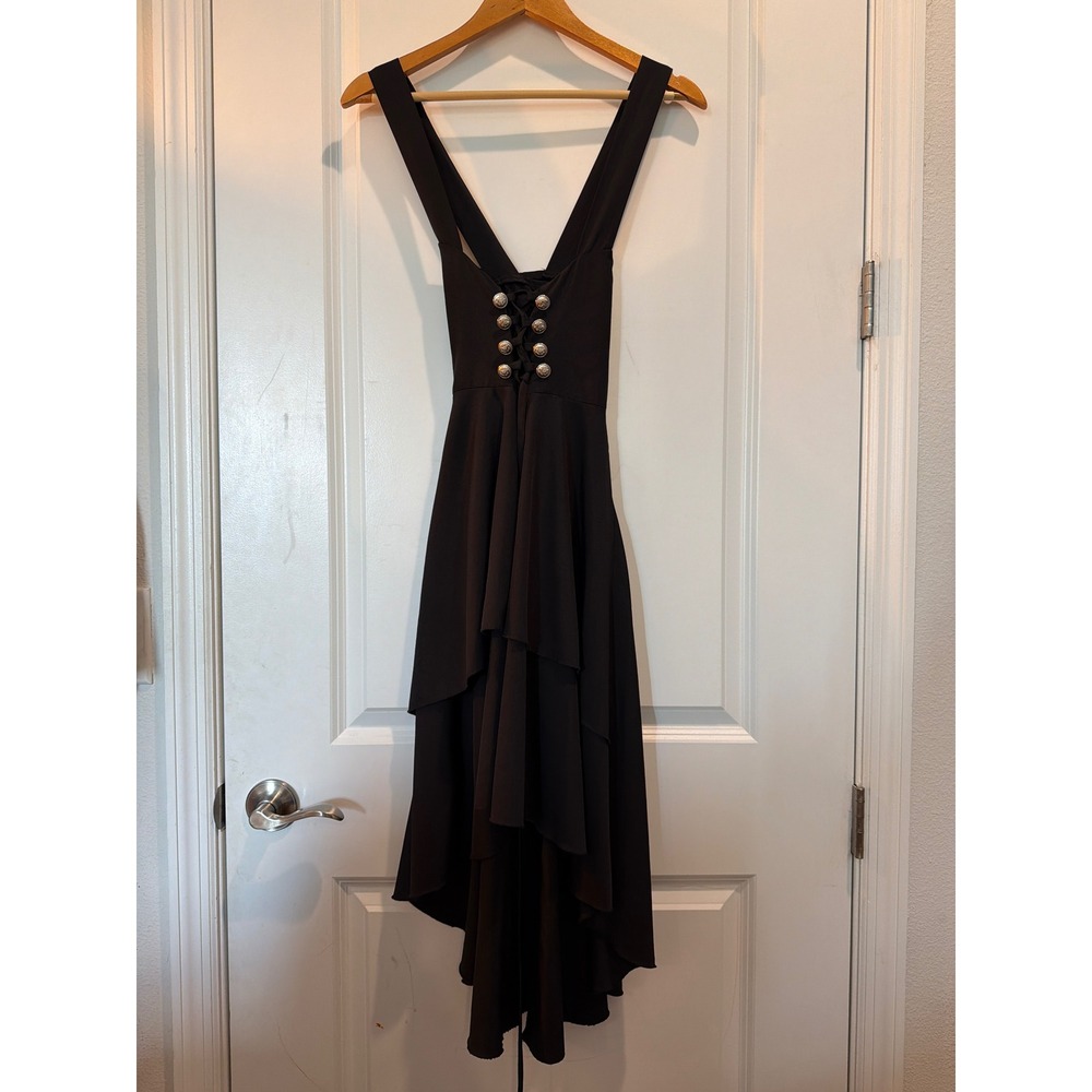 Romwe Womens Black Lace Up High Low Dress Silver Crest Buttons Size M Whimsigoth